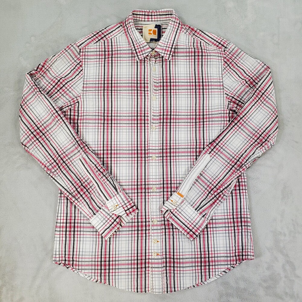 Hugo Boss Orange Button Up Shirt Mens Large Regular Fit Madras Plaid Seersucker
